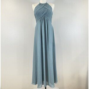 Morilee Madeline Gardner Teal Ruched Halter Maxi Dress Keyhole Back Zip Size 6